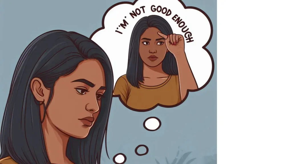 How to Challenge Negative Self-Talk: A person with a thought bubble showing 'I'm not good enough' and 'I am not capable.'