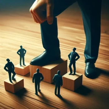 A confident person standing tall, with smaller figures symbolizing challenges or doubts at their feet. This image represents overcoming obstacles and achieving personal empowerment. (how to empower youself)