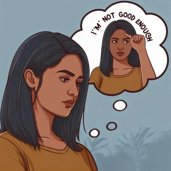 How to Challenge Negative Self-Talk: A person with a thought bubble showing 'I'm not good enough' and 'I am not capable.